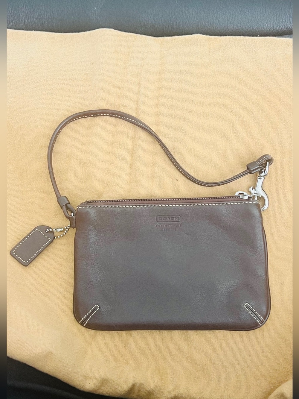 Coach Dark Brown Leather Wristlet with Silver Hardware